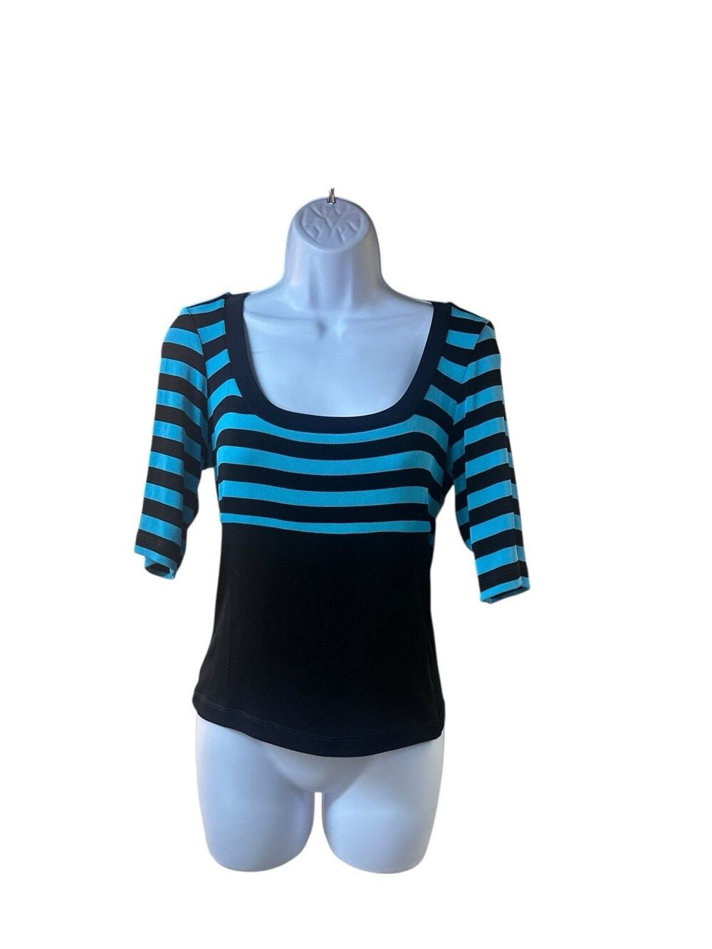 Cache Striped Knit Top Black Blue Scoop Neck Stretch Fitted Y2K Preppy READ